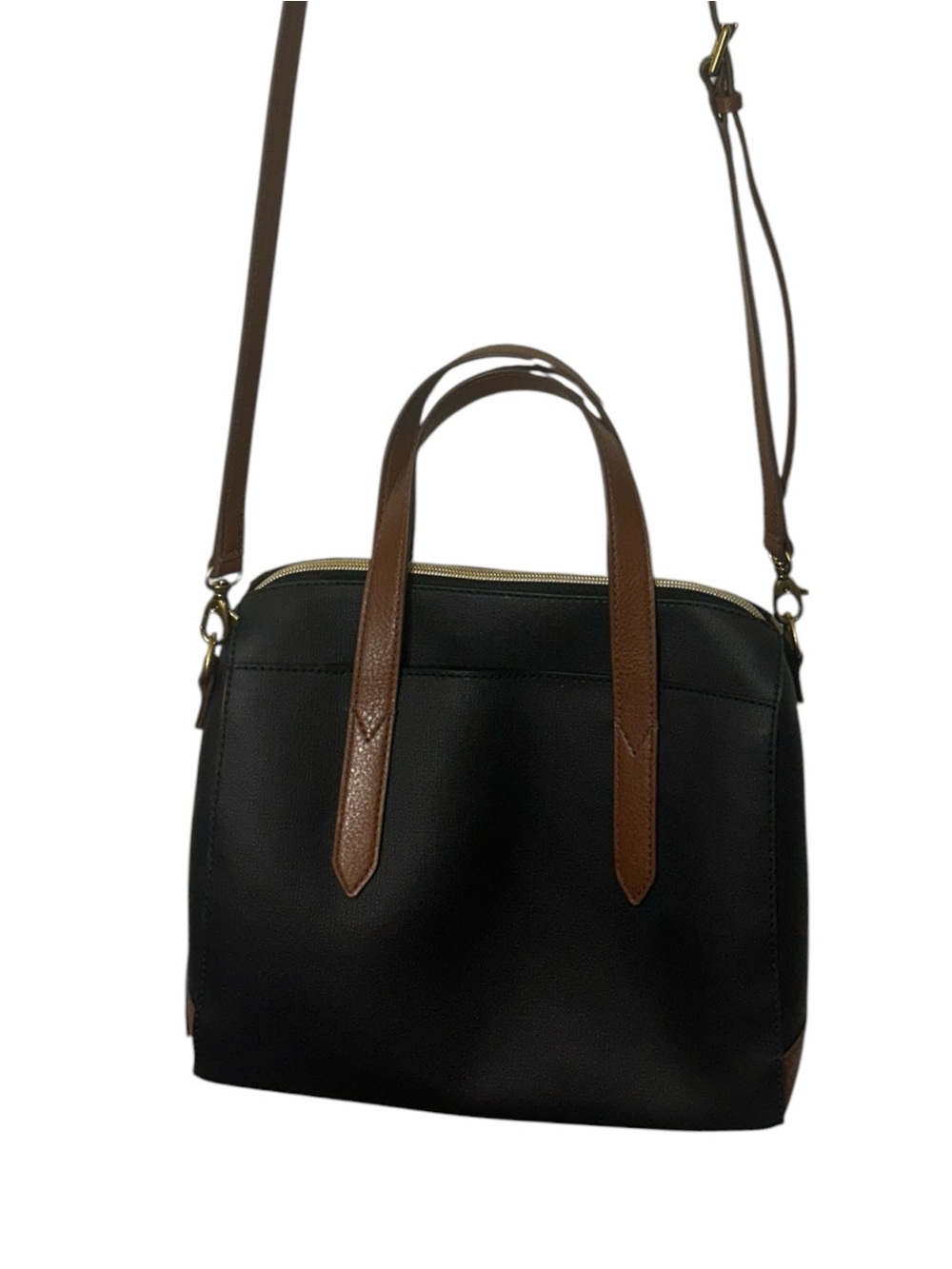 Fossil Black & Brown Leather Satchel Crossbody Bag Zip Top Dual Handle Purse - Picture 2 of 6